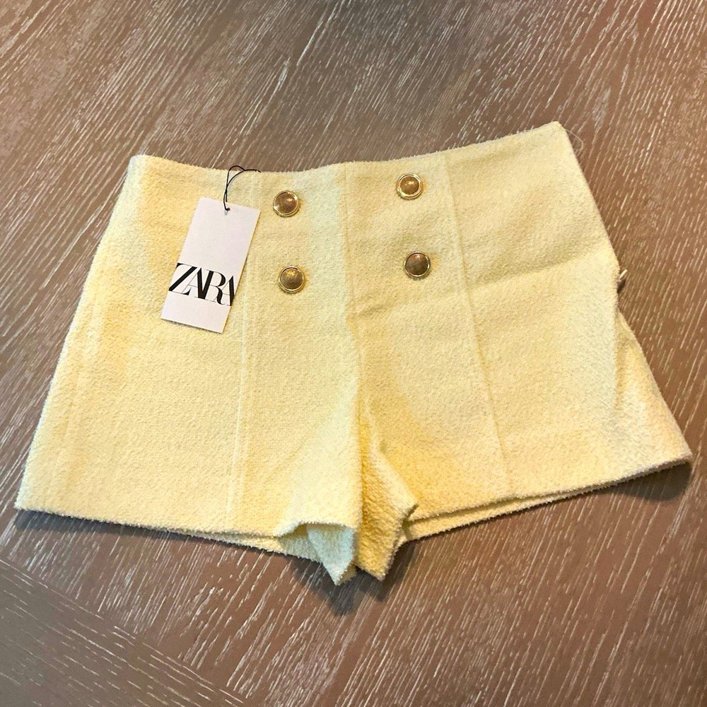 ZARA Women's Sailor Shorts 28 Cream Terrycloth Cotton High Rise Button Pockets